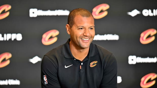 Sep 14, 2022; Cleveland, OH, USA; Cleveland Cavaliers president of basketball operations Koby Altman speaks to the media during an introductory press conference at Rocket Mortgage FieldHouse. Mandatory Credit: David Richard-USA TODAY Sports